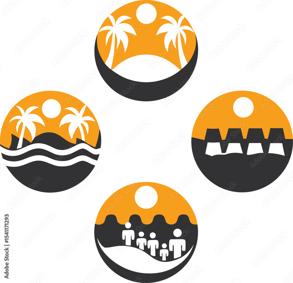 Poster set of four circular vector graphics depicting palm trees waves mountains and people in a modern min