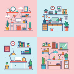 Workspace Decor Flat Style Desk Setup Vector Illustration