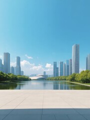 Fototapeta premium Modern Cityscape with Reflective Water and Greenery