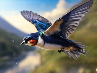 Barn swallow in dynamic flight with spread wings, showing blue-black plumage and orange throat against mountain landscape