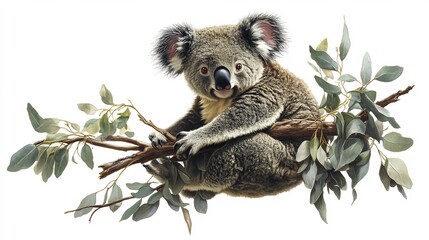 Charming koala clinging to a eucalyptus branch fluffy ears and detailed fur texture isolated on a white background