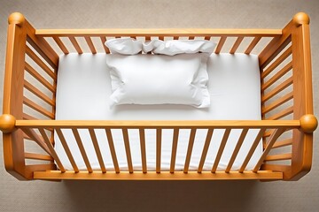 Top-down view of natural wood baby crib with white bedding, minimal classic design, clean nursery furniture, soft textures, elegant and modern composition.

