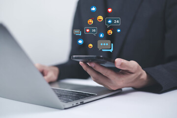 Social media and digital online, man using smart phone use social media network application, Friend...