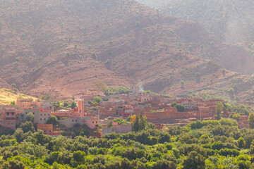 Scenic views of traditional Moroccan buildings near Sti Fadma along the Ourika River, near Marrakech, west Morocco 