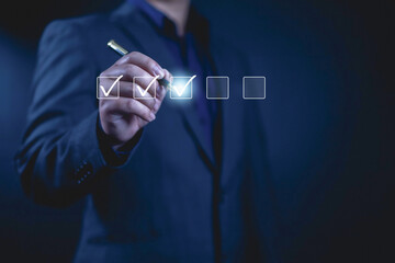 Business performance checklist concept, Display a virtual document in front of a man, an checklist...