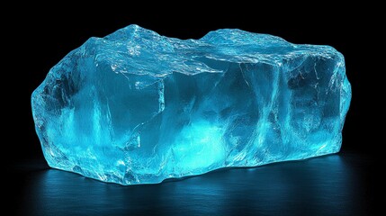 Fototapeta premium Glowing blue ice block, dark background, studio shot, product display