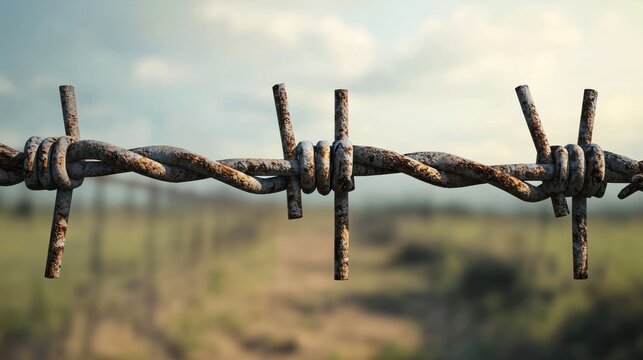 A rusty barbed wire fence with a blurred green field in the background.