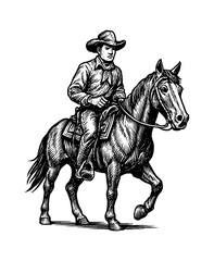Naklejka premium Vintage Engraving of a Caucasian Cowboy Riding a Horse in Detailed Black and White Style