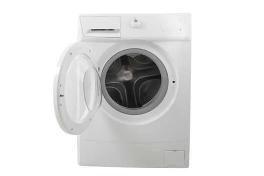 Transparent door washing machine for easy access, isolated on white, PNG