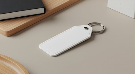 Blank White Keychain Mockup on Beige Background with Ring and Copy Space