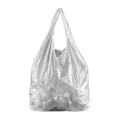 White plastic bag containing crushed plastic bottles, hanging by its handles. Png, Transparent background.