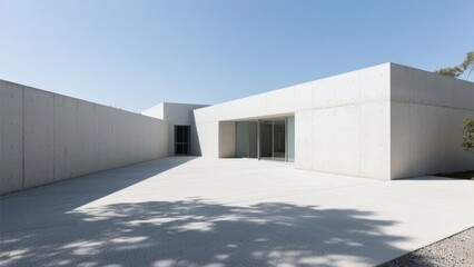 Obraz premium Modern minimalist building with clean white walls and open courtyard under a clear blue sky