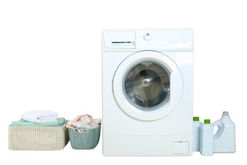 Washing machine with laundry items nearby, isolated on white, PNG