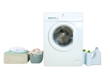 Washing machine with laundry items nearby, isolated on white, PNG