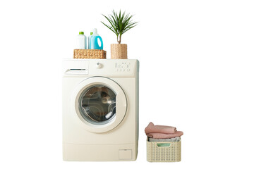 Laundry supplies and plants by washer, isolated on white, PNG