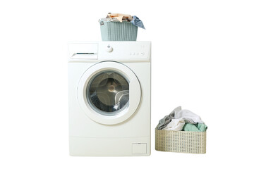 Laundry basket by the washing machine, isolated on white, PNG