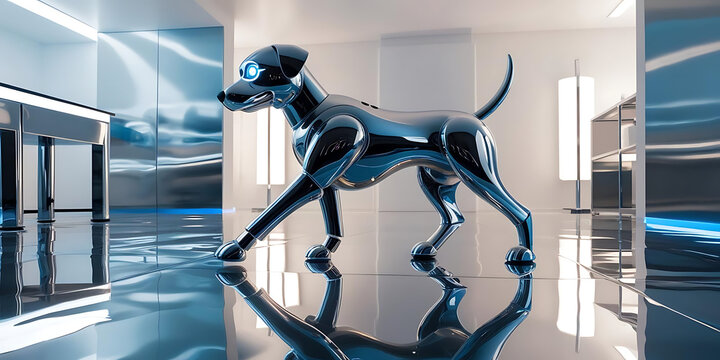 Futuristic Robotic Dog with Glowing Blue Eyes on Reflective Floor

