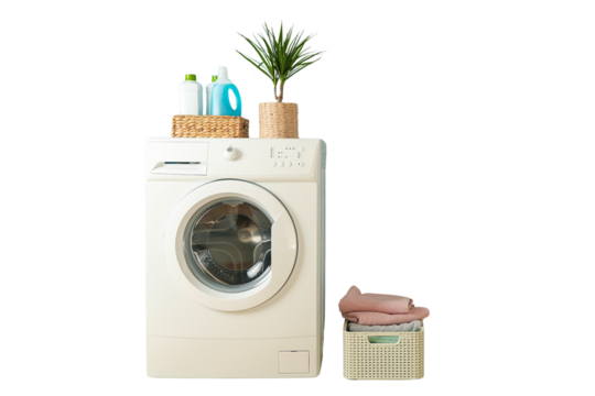 Laundry supplies and plants by washer, isolated on white, PNG