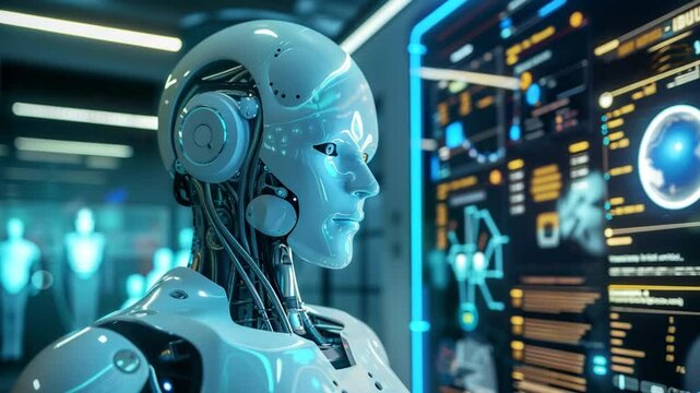 AI Robot with Futuristic Tech, Data Analysis, and Lab.