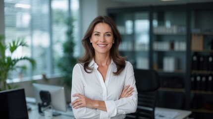 Happy elegant older mature lady posing for portrait standing in office. Beautiful middle aged business woman looking at camera, smiling 45 years old businesswoman leader executive at work.