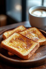 Close-up of toast. Golden brown crispy bread served on a wooden plate. Condensed milk poured over it. Cozy and warm background with coffee shop atmosphere. Shallow depth of field. High resolution.