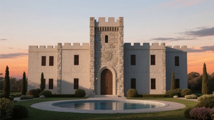 Fototapeta premium Medieval-style castle with a central tower, surrounded by a landscaped garden and a circular pool at sunset.