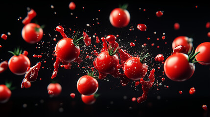 Splashing tomatoes creating a vibrant culinary scene