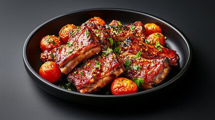 Succulent BBQ ribs with roasted cherry tomatoes
