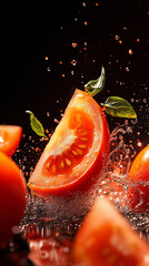 Fresh tomato slices splashing in water with basil leaves