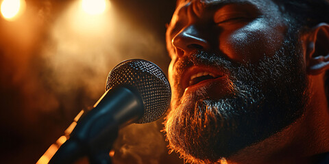A bearded singer passionately performs on stage.