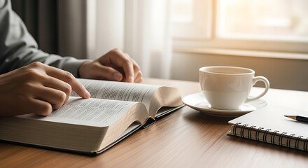 A person is reading the bible with a cup of coffee and a notebook on a wooden desk near a window