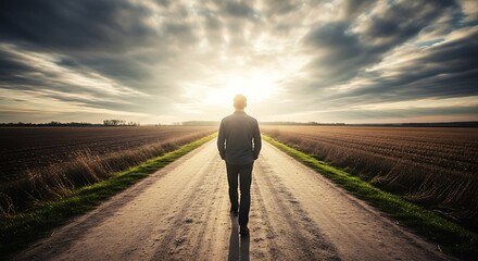 A man is walking down a dirt road through a field under a cloudy sky