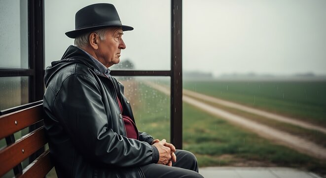 Senior man sits on a bench at a bus stop in the rain looking thoughtful