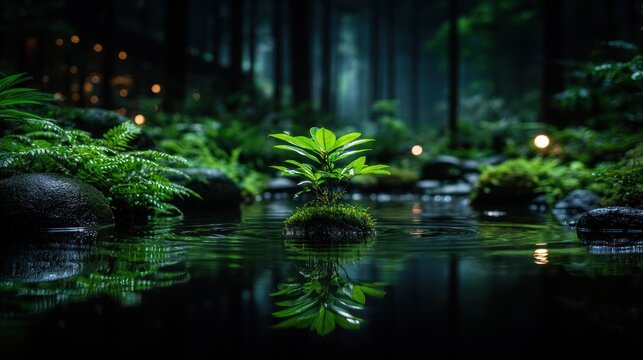 Lush, tranquil forest scene with a small plant in a stream