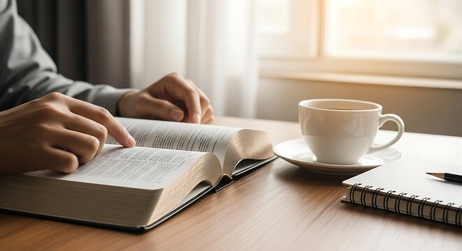 A person is reading the bible with a cup of coffee and a notebook on a wooden desk near a window