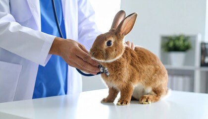 動物病院の診察台の上で獣医さんに聴診器を当てられているかわいいウサギ（A Cute Bunny Getting a Gentle Checkup with a Stethoscope at the Animal Hospital.）

