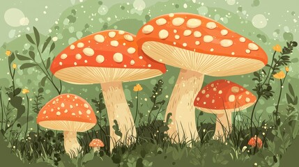 Obraz premium Three mushrooms with white spots on a green background