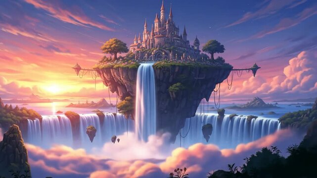 Dreamlike floating island with waterfalls, lush trees, and a castle, glowing in a magical sunset above clouds and distant mountains. Anime style
