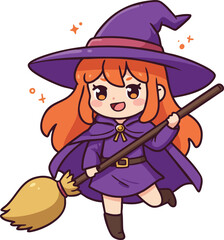 Cute young witch flying on broomstick with orange hair and purple outfit vector illustration 