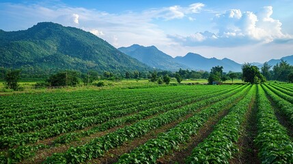 A lush green field of crops with a mountain range in the background under a clear blue sky with scattered clouds.
