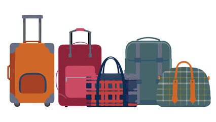Illustration of five pieces of luggage including suitcases and bags in a row on a white background