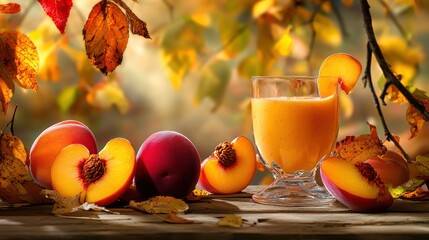 A glass of peach juice with slices of fresh peaches on a wooden table with autumn leaves in the background.