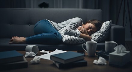 Woman is sleeping on the couch surrounded by a mess on the table