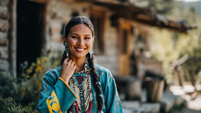 Beautiful native American indigenous woman looking at camera in traditional clothes and smiling
