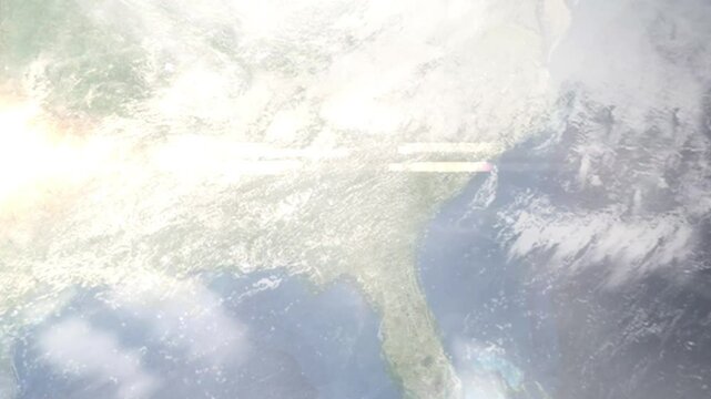 Earth zoom in from space and focus on Warner Robins, Georgia, USA. Background for travel intro or blog. Satellite view. 3D style Animation. Images from NASA.