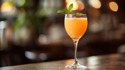 A vibrant orange cocktail with a mint garnish, served in a tall, elegant glass on a wooden table in a dimly lit bar setting.