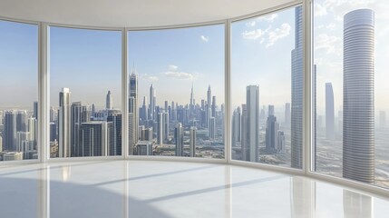 Bright white interior with large window view of high-rise city skyline. Perfect for real estate mockups, architecture designs, and lifestyle visuals