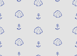 A delicate hand-drawn nautical pattern featuring minimalist scallop shells and anchors. Created with sketch line art technique