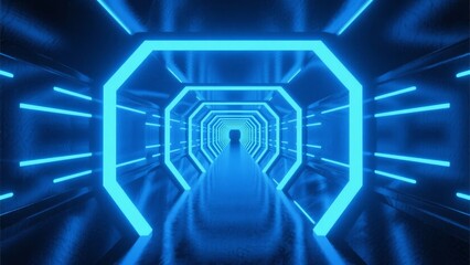 Blue Neon-Lit Hexagonal Tunnel with Futuristic Design