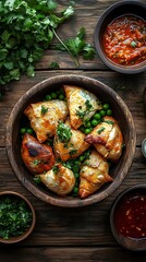Golden samosas sit nestled on vibrant green peas within a rustic wooden bowl arrangement